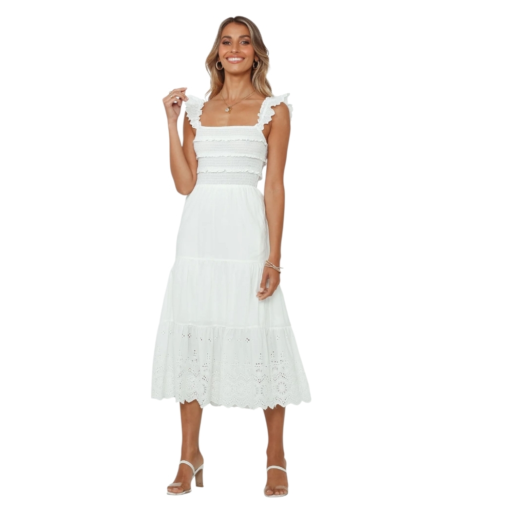 NWT Hello Molly Let Me Fall In Love White Midi Dress Lace Ruffles Women’s M